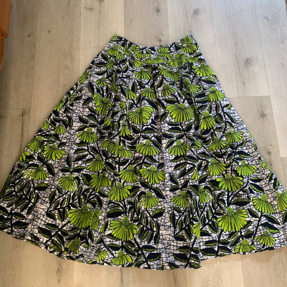 Francis + Benedict XL African Wax Print Maxi Skirt Lime Green Floral Cotton Togo